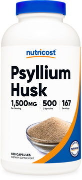 Nutricost frasco frontal mostrando 500 cápsulas y etiqueta clara