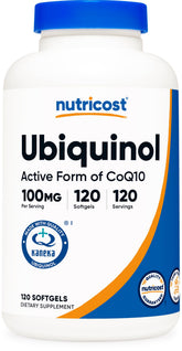 Nutricost frasco frontal de ubiquinol mostrando 120 softgels y beneficio de suministro largo