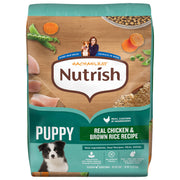 Nutrish bolsa frente mostrando receta puppy y beneficio nutricional