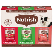 Nutrish front packaging of 12-can variety pack shows product selection and convenience