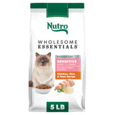 Nutro paquete frontal 5 lb mostrando la fórmula para estómagos sensibles y beneficios digestivos