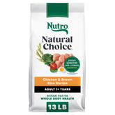 Nutro paquete frontal pollo y arroz integral mostrando marca y beneficio