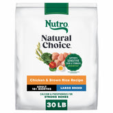 Nutro large breed chicken & rice front packaging highlighting benefits