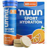 Nuun frente del tubo naranja mostrando el envase portable y sus beneficios