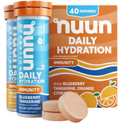 Nuun front packaging showing blueberry tangerine and orange flavors and benefits