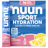 Nuun empaque Pink Lemonade mostrando sobres y beneficios de hidratación