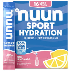 Nuun empaque Pink Lemonade mostrando sobres y beneficios de hidratación