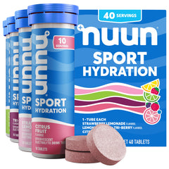 Nuun Sport frontal del pack mostrando los cuatro sabores y beneficio de variedad