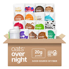 Oats Overnight paquete frontal mostrando 16 sabores para variedad y conveniencia