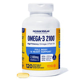 Oceanblue envase frontal de Omega‑3 2100 mostrando 120 softgels y beneficio de alta concentración