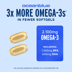 Gota de aceite Omega‑3 de Oceanblue que ilustra textura refinada y sabor naranja suave