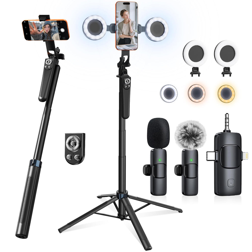 Ocwqp kit front view showing tripod, lights, and mic for versatile shooting