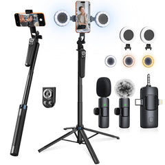 Ocwqp kit front view showing tripod, lights, and mic for versatile shooting