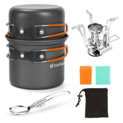 Odoland kit frontal mostrando las dos ollas, hornillo y accesorios, ideal para campamento