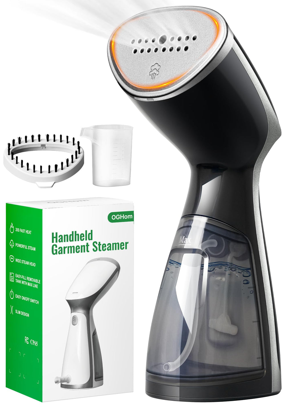 OGHom front view showing compact portable steamer for travel convenience