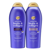 OGX bottles front packaging showing biotin and collagen set for fuller hair