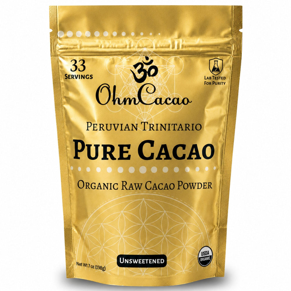 OHM Cacao frente del empaque mostrando sello orgánico y beneficios