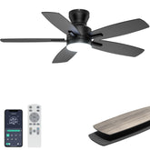 Ohniyou front view black ceiling fan showing sleek low-profile design and airflow benefit