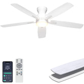Ohniyou front view of white ceiling fan showing clean modern silhouette and airflow benefit