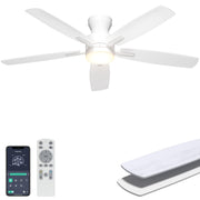 Ohniyou front view of white ceiling fan showing clean modern silhouette and airflow benefit