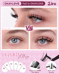 OKAYLOVE curved tweezers and 2-in-1 Lash Bond & Seal flatlay for precise placement and lasting hold