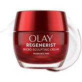 Olay tarro frontal rojo Regenerist mostrando envase compacto y eficacia visible