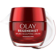 Olay tarro frontal rojo Regenerist mostrando envase compacto y eficacia visible