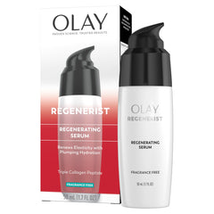 Olay envase frontal del suero Regenerist sin fragancia mostrando el diseño limpio y profesional