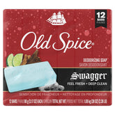 Old Spice Swagger frente del empaque mostrando paquete de 12 barras y beneficio de aroma duradero