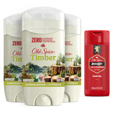 Old Spice Timber vista frontal del pack mostrando tres barras y gel