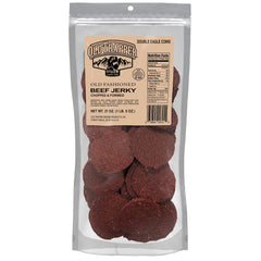 Old Trapper frente del empaque transparente mostrando jerky y conveniencia resellable
