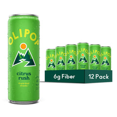 OLIPOP Citrus Rush pack frontal mostrando 12 latas y diseño atractivo, refresco prebiótico