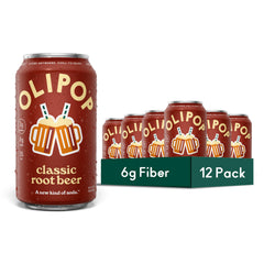 OLIPOP lata frontal del paquete mostrando diseño y beneficio de fibra