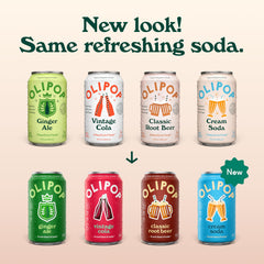 OLIPOP lata Vintage Cola con etiqueta legible y apariencia apetecible