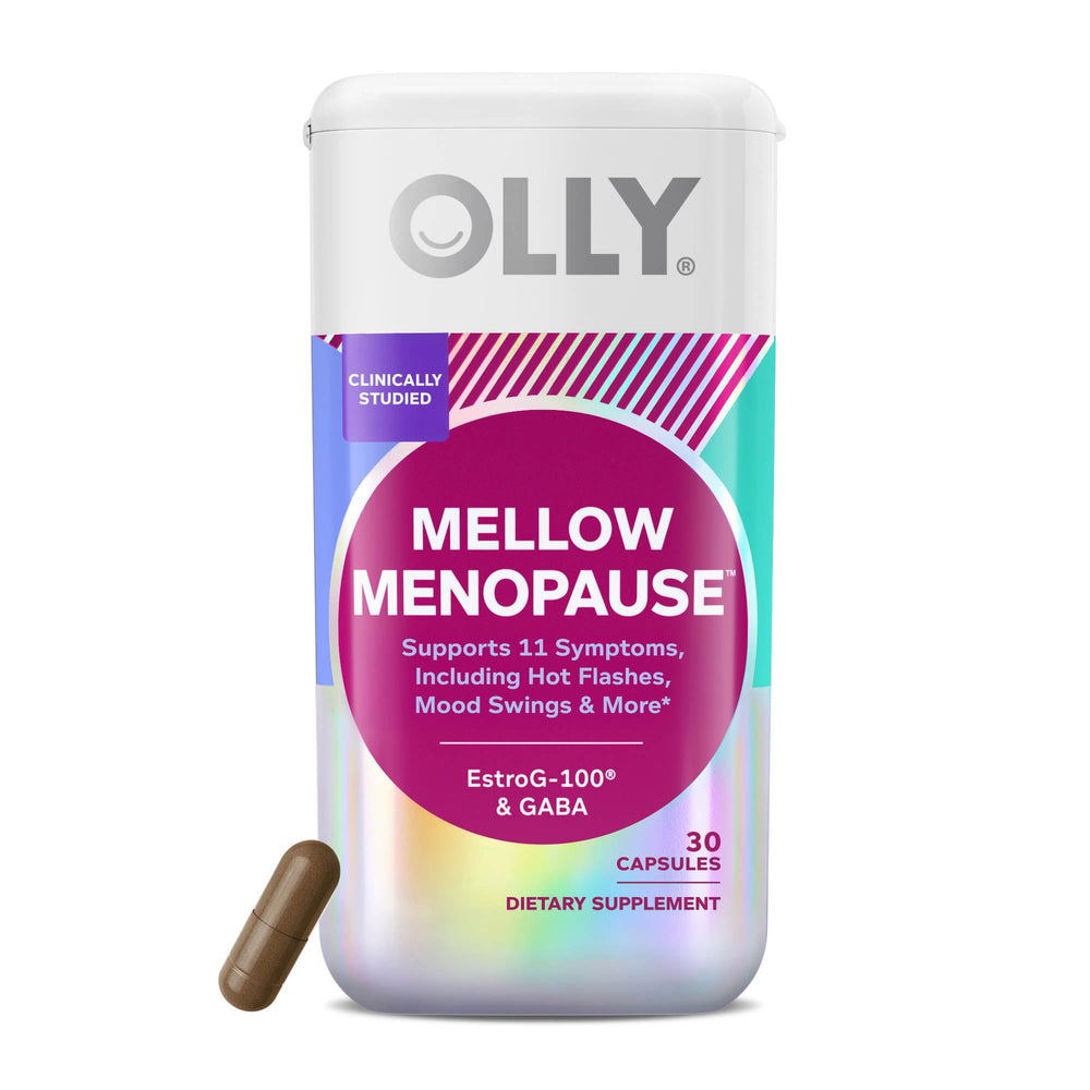 OLLY frasco frontal mostrando la etiqueta y beneficio de apoyo menopausia