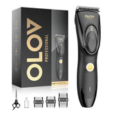 OLOV PROFESSIONAL vista frontal del cortapelos y embalaje mostrando el kit