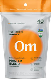 OM MUSHROOM SUPERFOOD frente del empaque que muestra porciones y beneficios