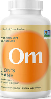 OM MUSHROOM SUPERFOOD frasco frontal mostrando 180 cápsulas, comodidad diaria