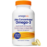 OmegaVia botella frontal y caja mostrando 60 softgels y beneficios de EPA DHA