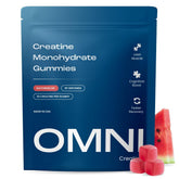 OMNI Creatine front label showing product name and watermelon flavor, clear benefit of convenience