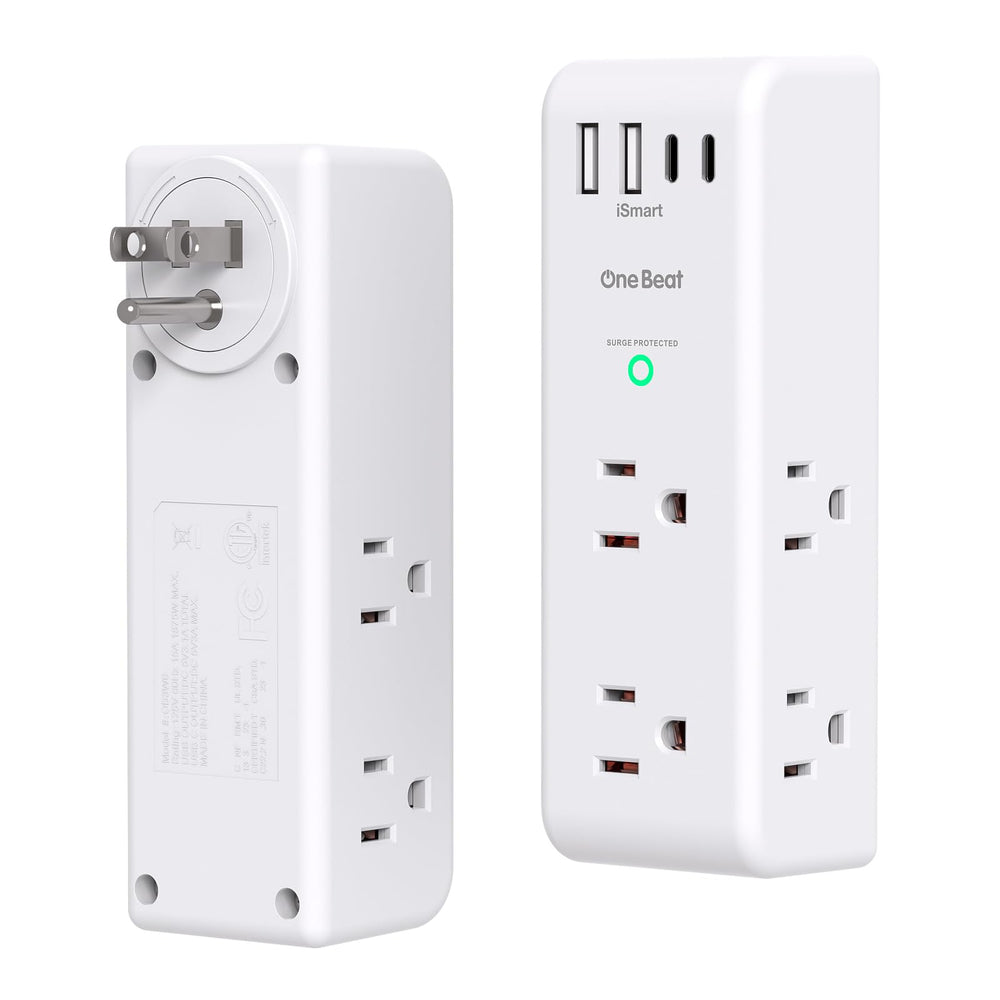 One Beat front view of extender showing six AC outlets and four USB ports, organized charging