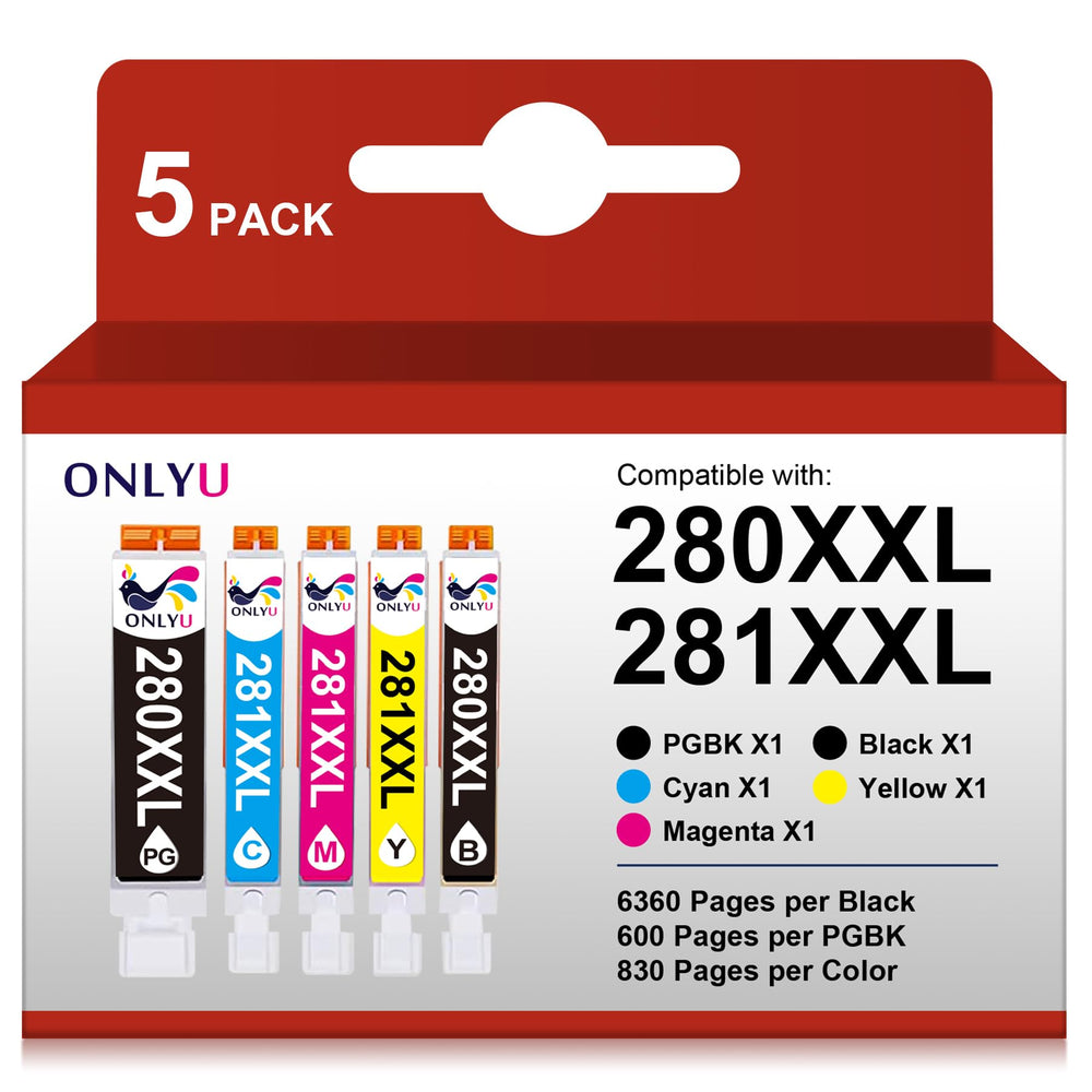 ONLYU pack 5 cartuchos frontal mostrando colores y caja, garantía de ahorro