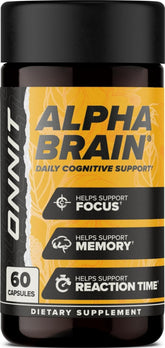 ONNIT Alpha Brain front packaging showing bottle and label benefits