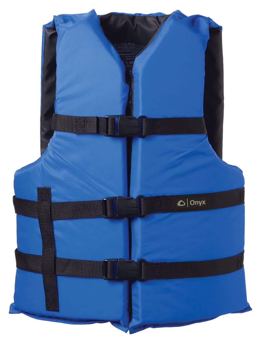 Onyx chaleco frontal azul mostrando ajuste universal y visibilidad en agua