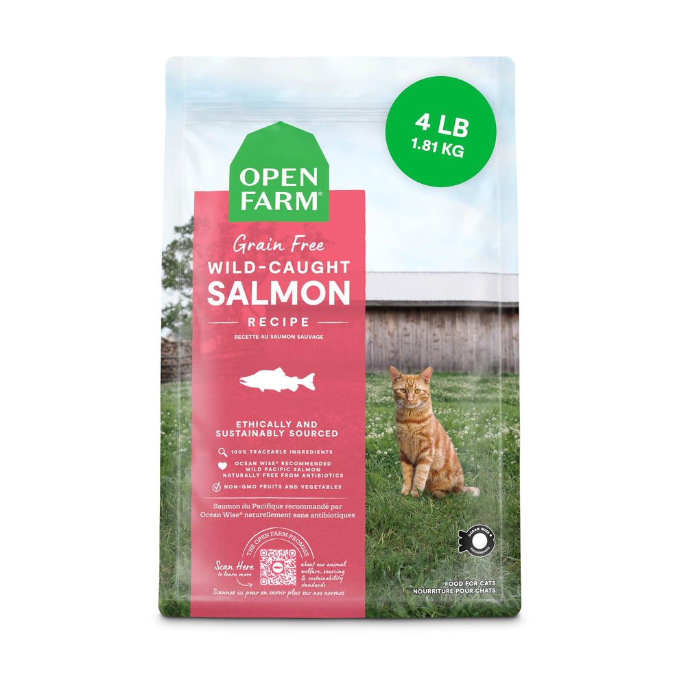 Open Farm bag front view showing wild-caught salmon and grain-free benefits