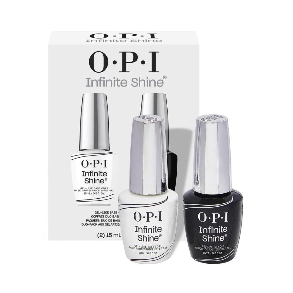 OPI duo pack frontal mostrando base y top coat para acabado profesional