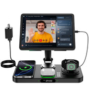 Opinta front view charging station showing all charging surfaces and clock, organizes devices