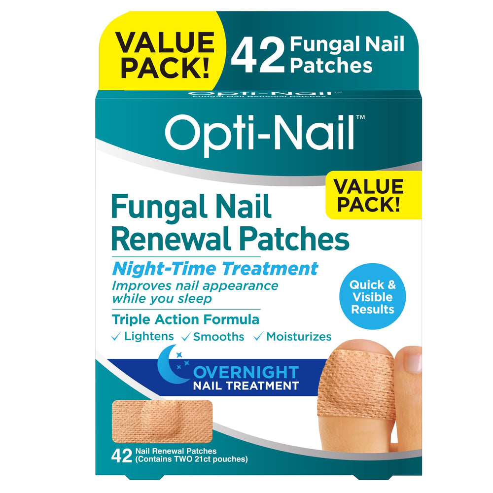 Opti-Nail empaque frontal mostrando 42 parches y beneficio de valor