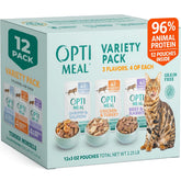 Optimeal envase frontal del pack de 12 pouches mostrando variedad y conveniencia
