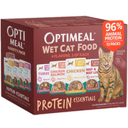Optimeal pack frontal con 12 sobres mostrando variedad de sabores y conveniencia